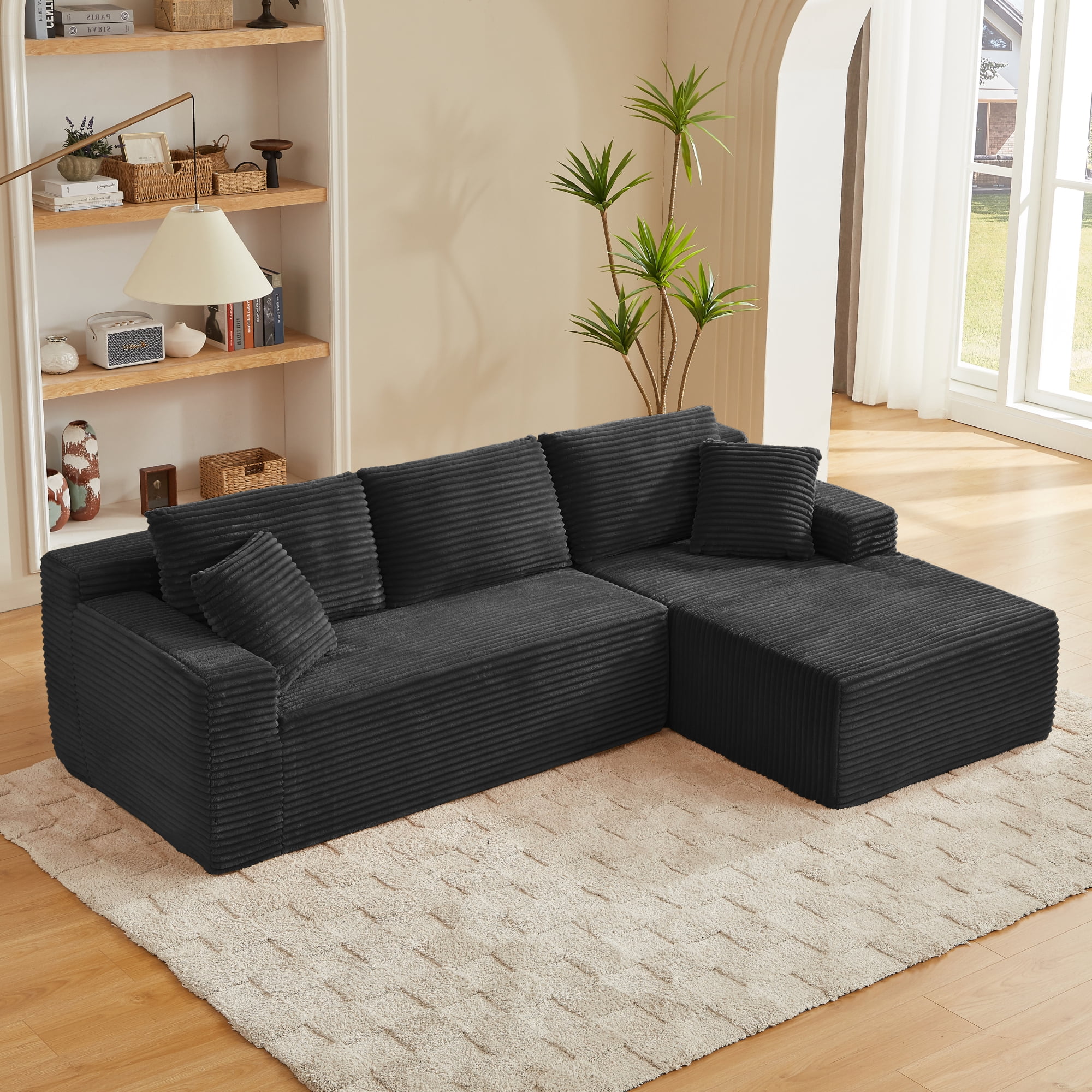 HOQBN 96.9" Boneless Modular Sectional Sofa with Chaise, L-Shaped Corduroy Cloud Sectional Couch with Deep Seat and Side Pockets, Upholstered 3 Seater Sofa Living Room, No Assembly, Black