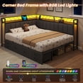 thumbnail image 3 of Corner Bed Frame Queen Size with 6 Storage Drawers, Charging Station & RGB Led Lights, Metal Daybed with Upholstered Guardrail and Storage Shelves, Queen Platform Bed Frame for Teens/Adult, Black, 3 of 9
