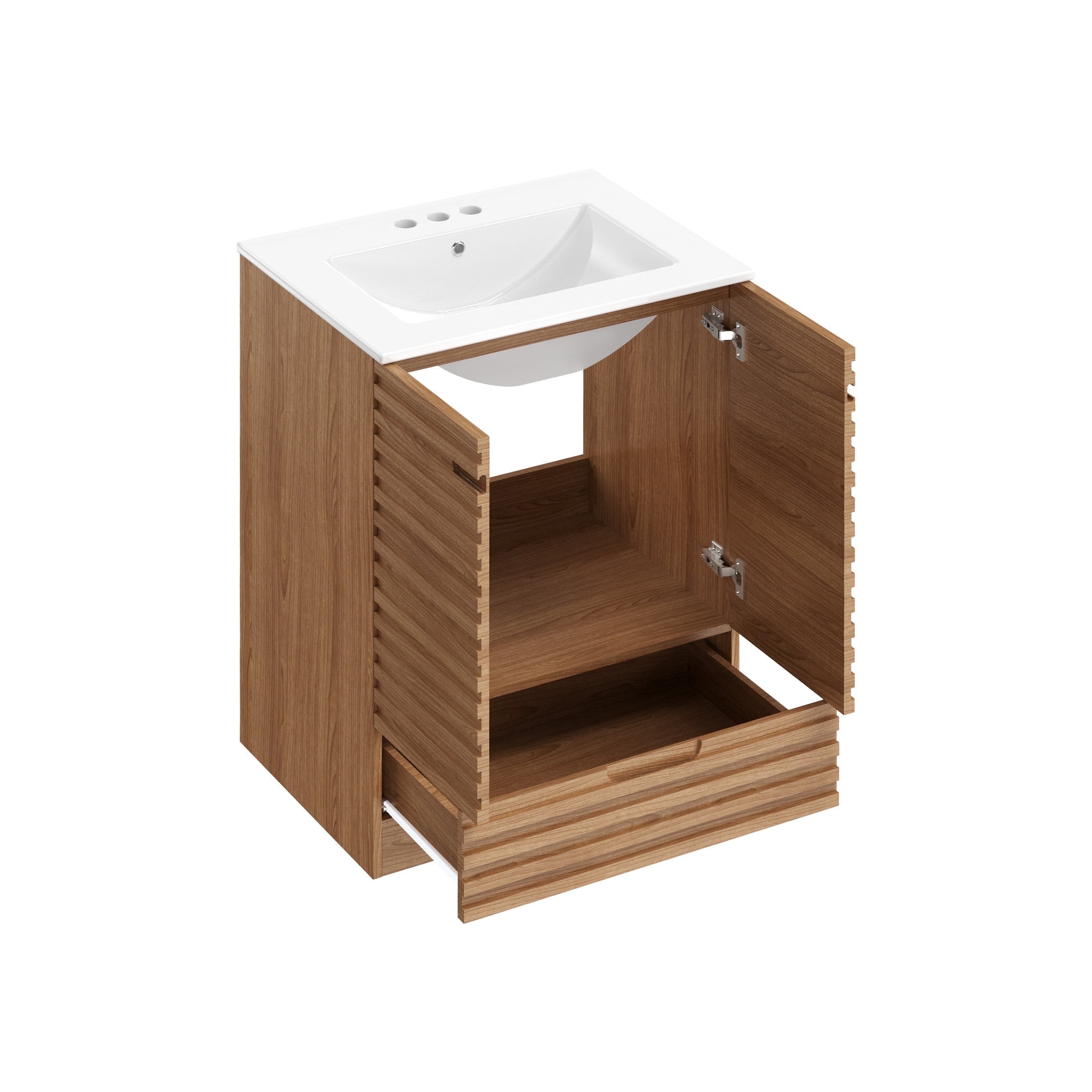 EDX 24-inch Ripple Bathroom Vanity Cabinet, Freestanding Modern Cabinet Vanity with Sink, 2 Soft-Closing Doors & 1 Drawer, Natural Wood