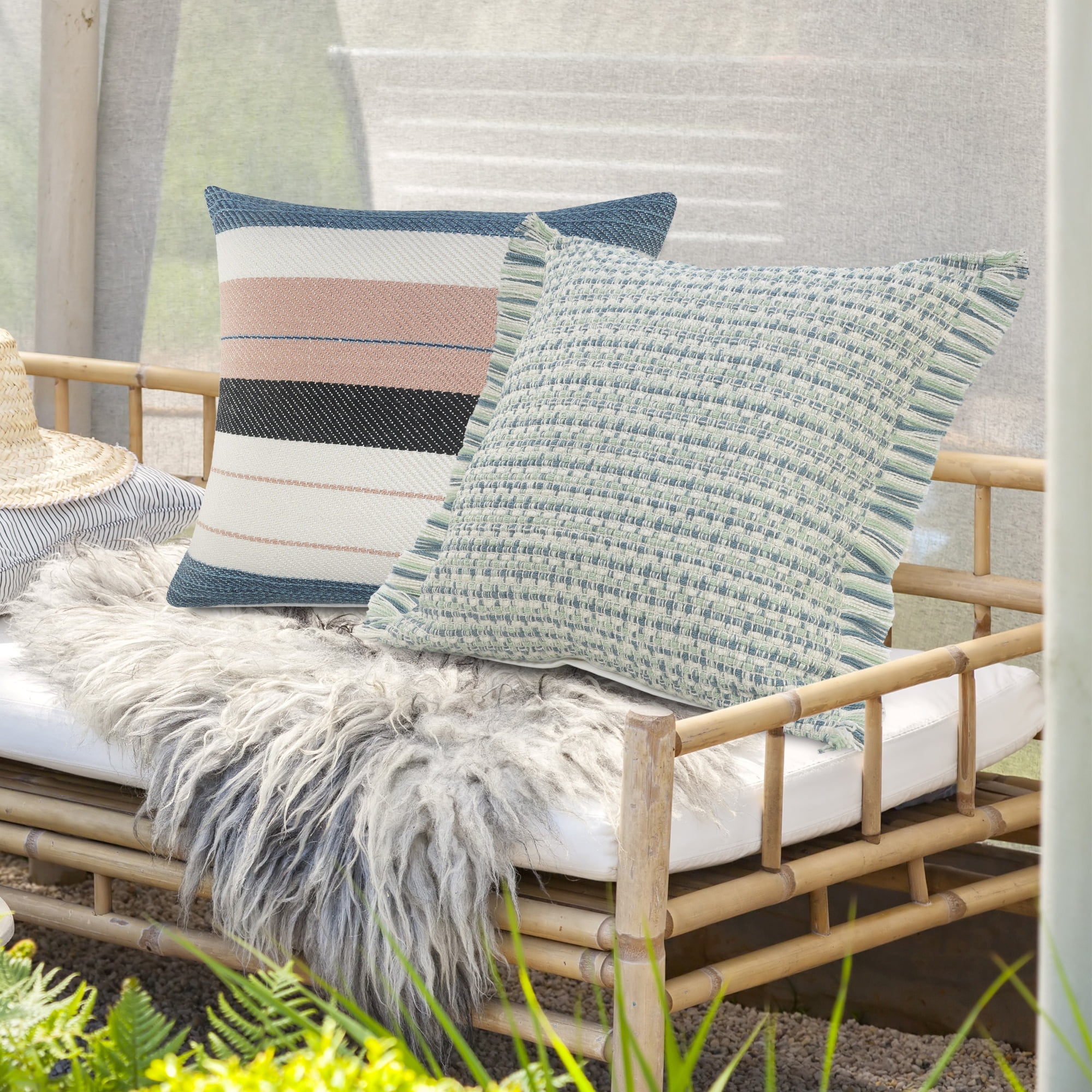 Birch Harbour Bailey 24" x 24" Blue/Green Striped Outdoor Adult Decorative Throw Pillow