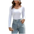 thumbnail image 2 of Njoeus Women's Ribbed Long Sleeve Shirts for Women Tops Stretch Slim Fitted T-Shirt Crew Neck Casual T-Shirt Ladies Fashion Basic Shirt Going Out Tops White XL, 2 of 7