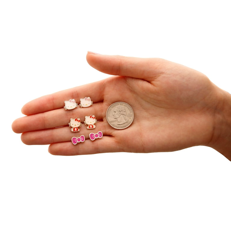 Hello Kitty Silver Plated Enamel Stud Earrings - 3 Pairs for Teens