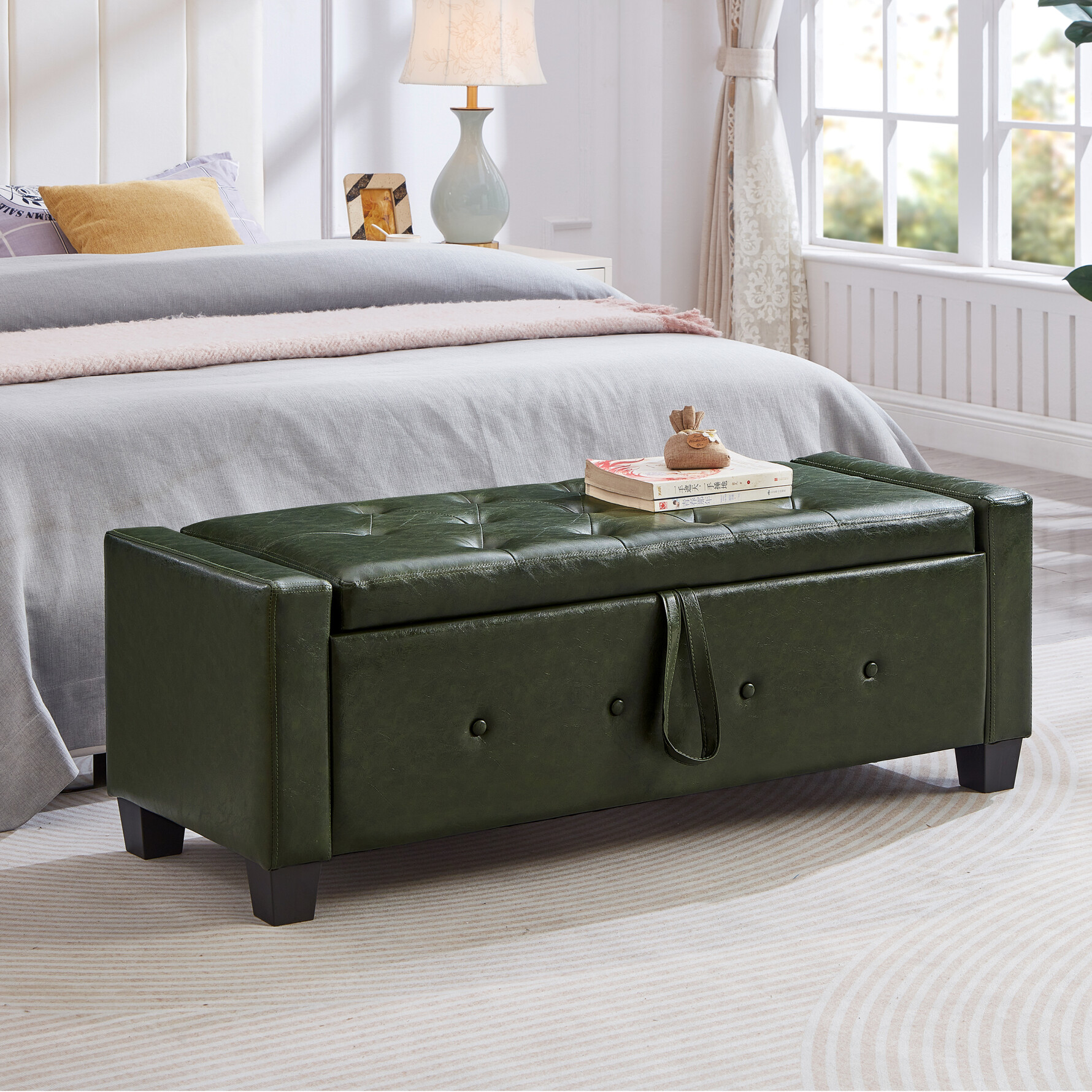 48" Storage Ottoman Bench, Upholstered Faux Leather Entryway Bench with Seating, Tufted Large End of Bed Ottomans for Living Room, Bedroom, Holds up to 300 lb, Dark Green
