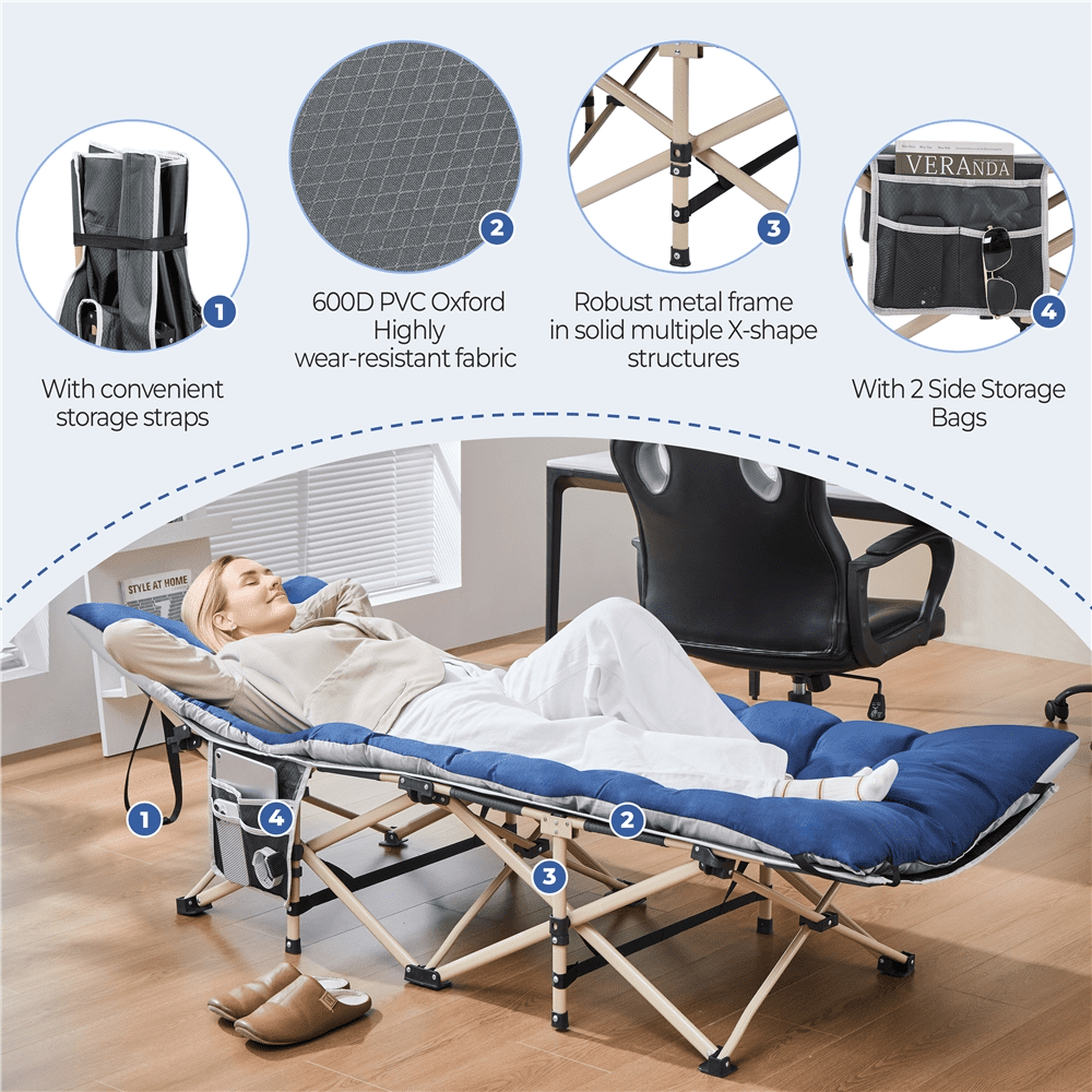 Renwick Folding Camping Cot with Mat and Carry Bag, Gray Cot/Blue Pad