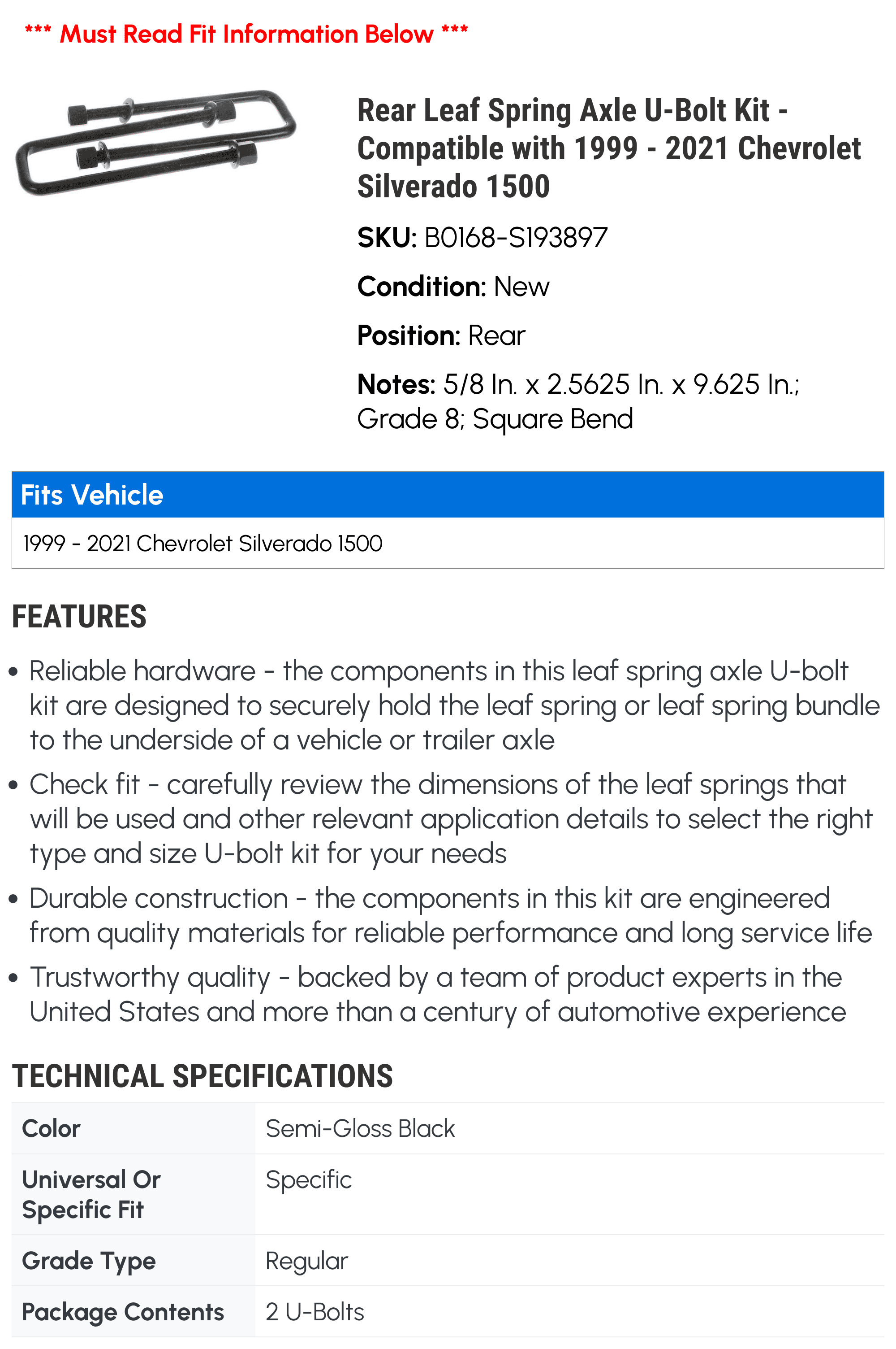 Rear Leaf Spring Axle U-Bolt Kit - Compatible with 1999 - 2021 Chevrolet Silverado 1500 - Dorman