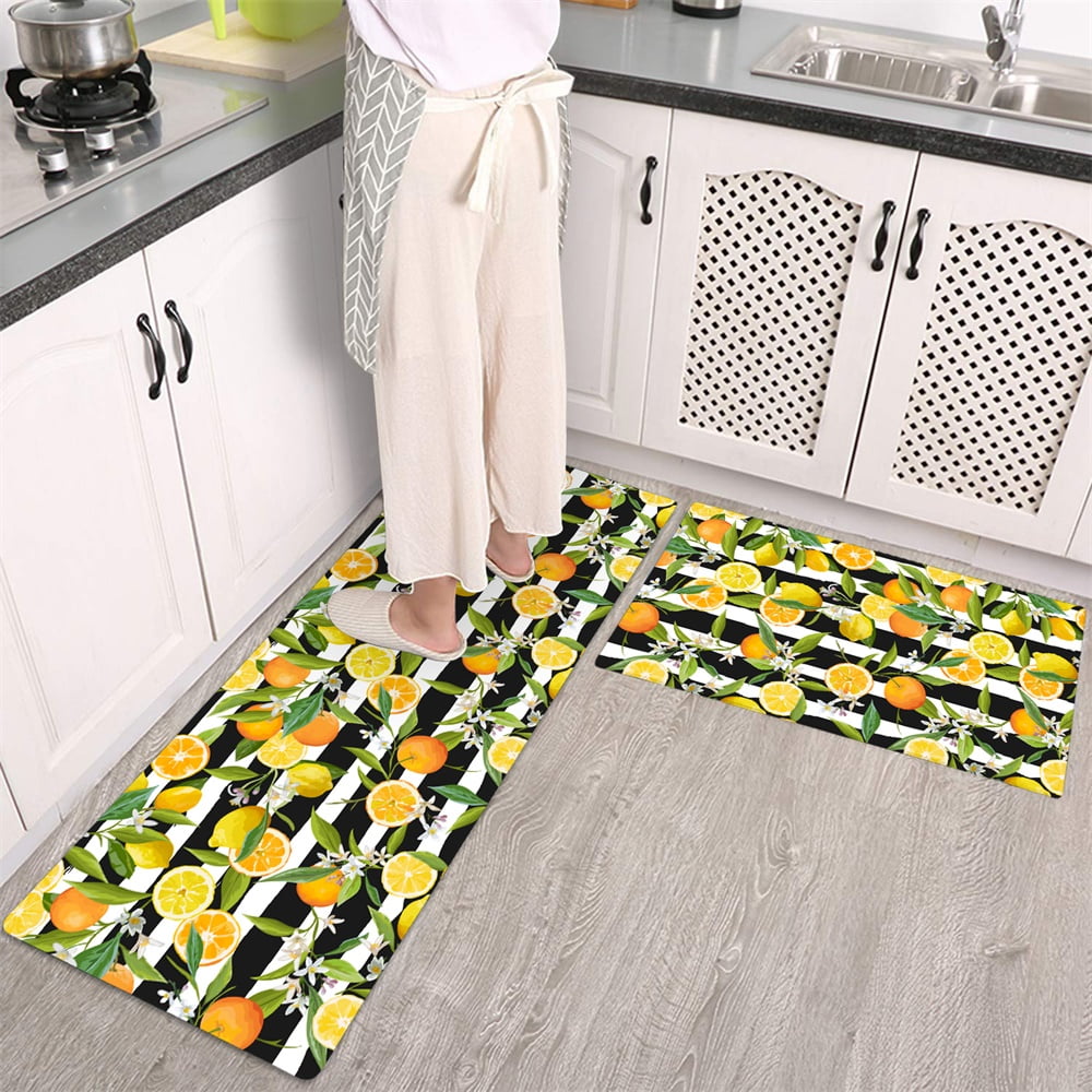 Kitchen Mat Rug Orange Black White Geometric Stripes Green Leaves Fruit