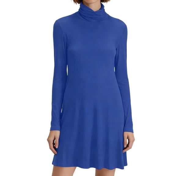 jtjvou Women's Mini Dress Elegant Long Sleeve Turtleneck A Line Summer Dresses Comfy Solid Color Fashion Dress Blue XXXXL