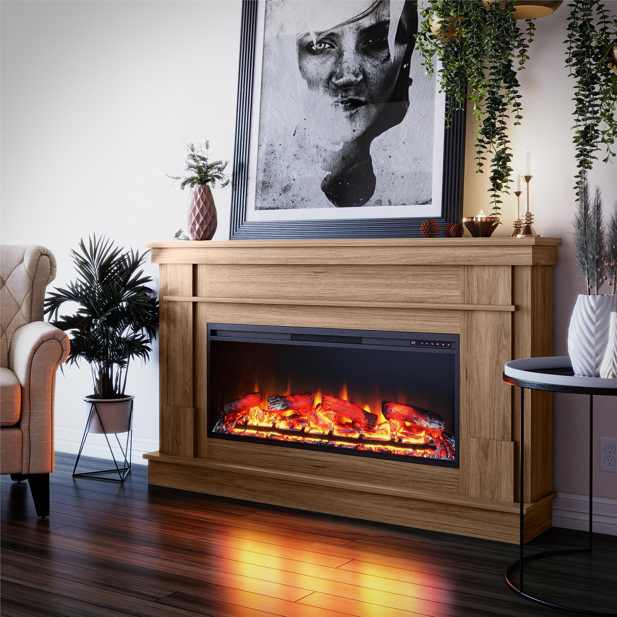 Elmcroft Wide Mantel with Linear Electric Fireplace, Walnut