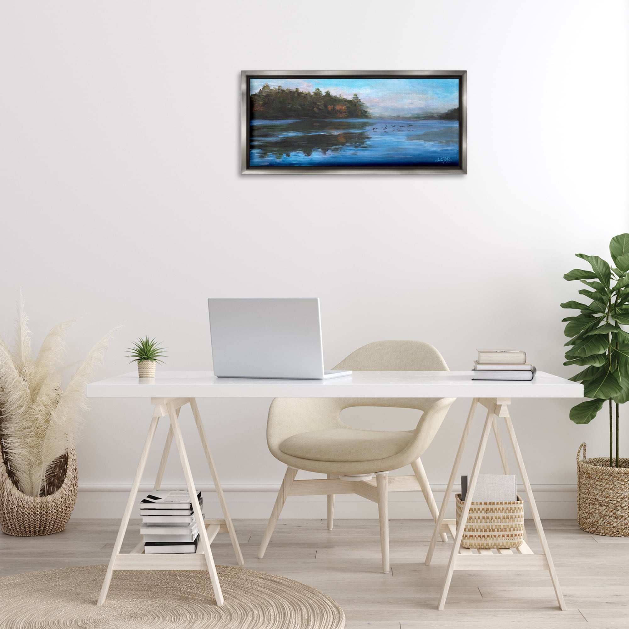 Stupell Industries Birds Along River Landscape Painting Gray Floater Framed Art Print Wall Art, 31 x 14