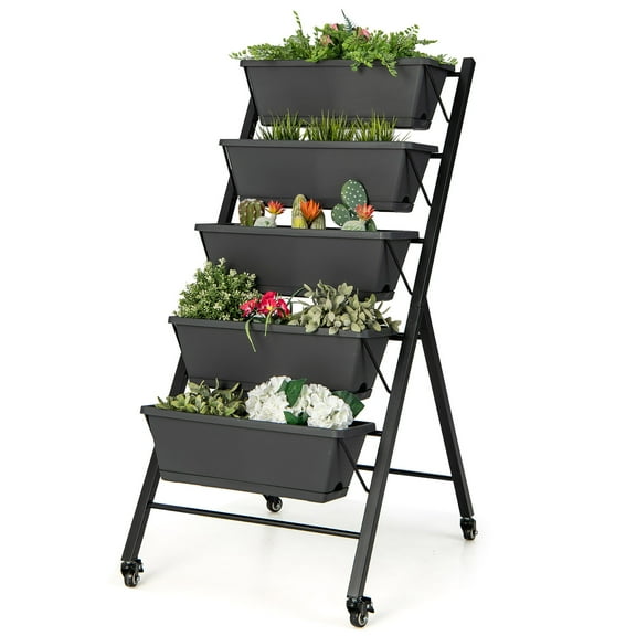Costway 1 PCS 5-Tier Vertical Raised Garden Bed Elevated Planter with Wheels & Container Boxes Gray
