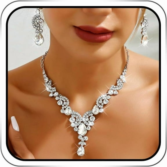 Rhinestone Bridal Necklace Sets Silver Crystal Necklace Bracelet Earrings Set Dressy Prom Wedding Jewelry for Women