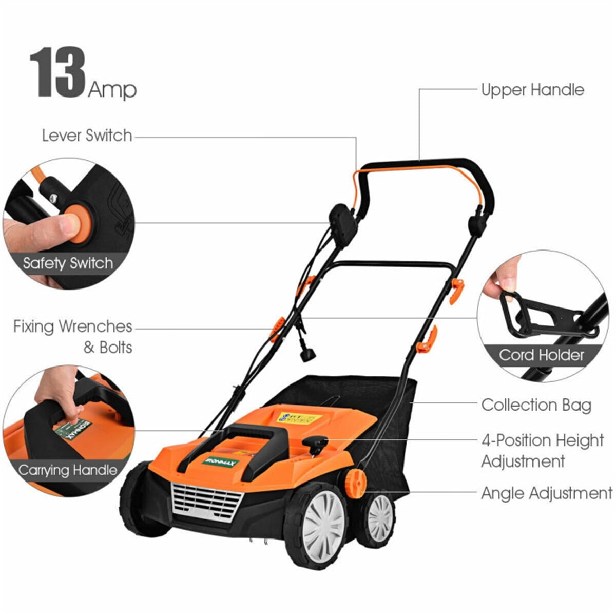 Electric Lawn Dethatcher Scarifier 15 Inch 13 Amp Power with 50L Collection Bag 4 Position Depth Adjustable for Yard Dethatching Soil Aeration Lawn Care Maintenance Thatch Removal Orange