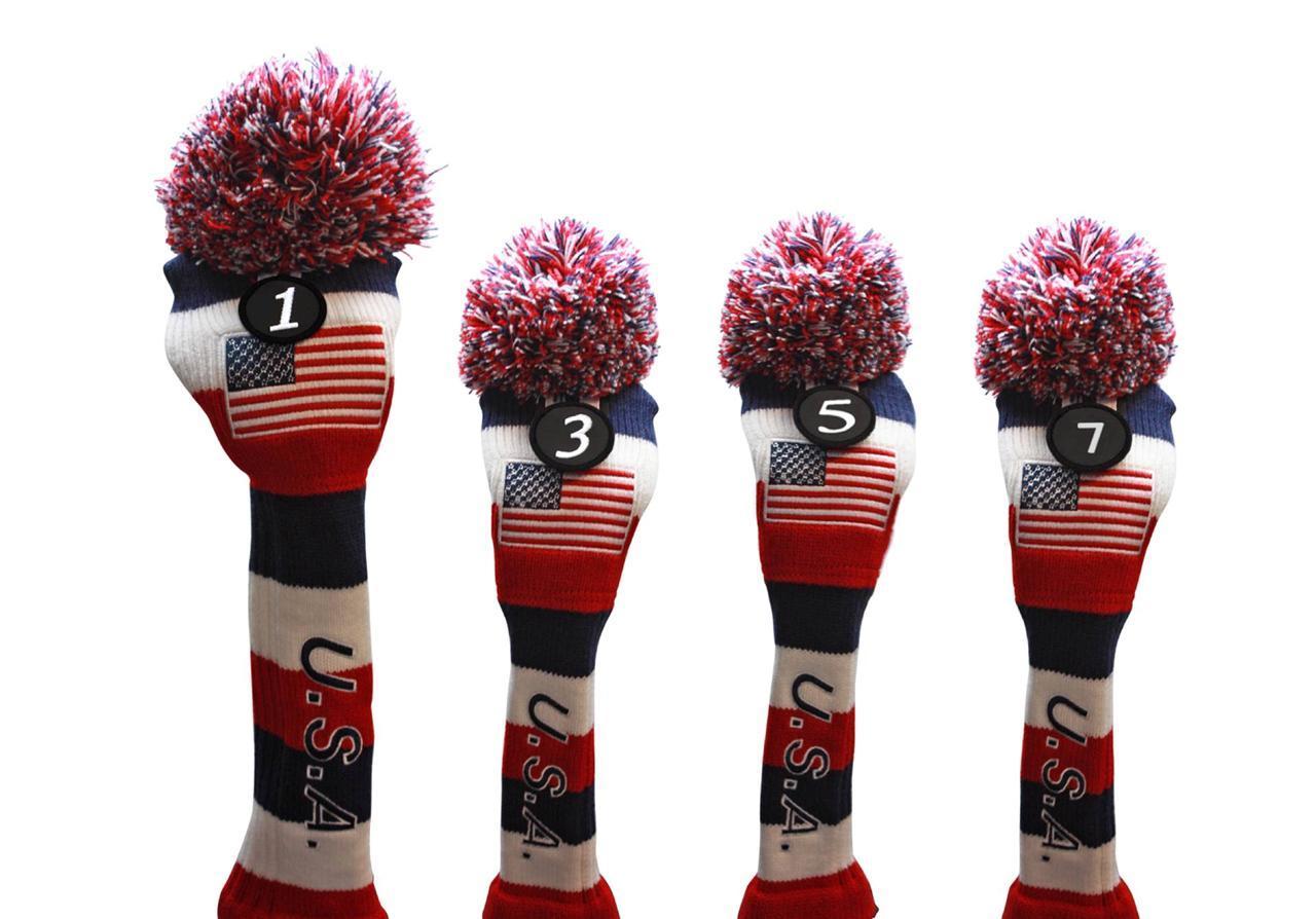 USA Majek Golf Driver 1 3 5 7 Fairway Woods Headcovers Pom Pom Knit Limited Edition Vintage Classic Traditional Flag Stars Red White Blue Stripes Retro Head Cover Fits 460cc Drivers and 260cc Woods - image 1 of 8