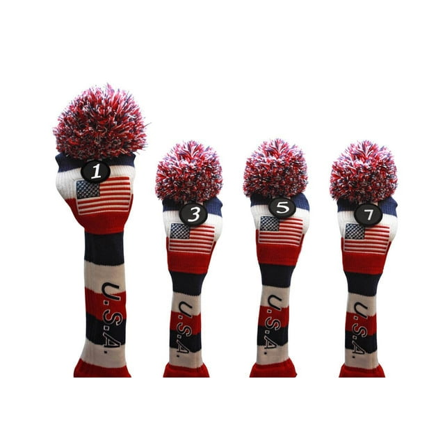 USA Majek Golf Driver 1 3 5 7 Fairway Woods Headcovers Pom Pom Knit Limited Edition Vintage Classic Traditional Flag Stars Red White Blue Stripes Retro Head Cover Fits 460cc Drivers and 260cc Woods