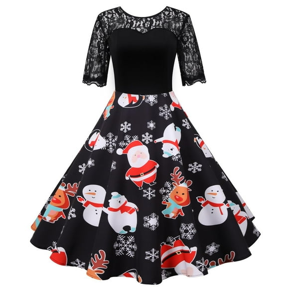 BLTIBY Womens Christmas Dress Short Sleeve Round Neck Lace Patchwork Evening Prom Dresses 2024 Fall Winter Xmas Vintage Cocktail Pleated A-Line Party Dress Black L