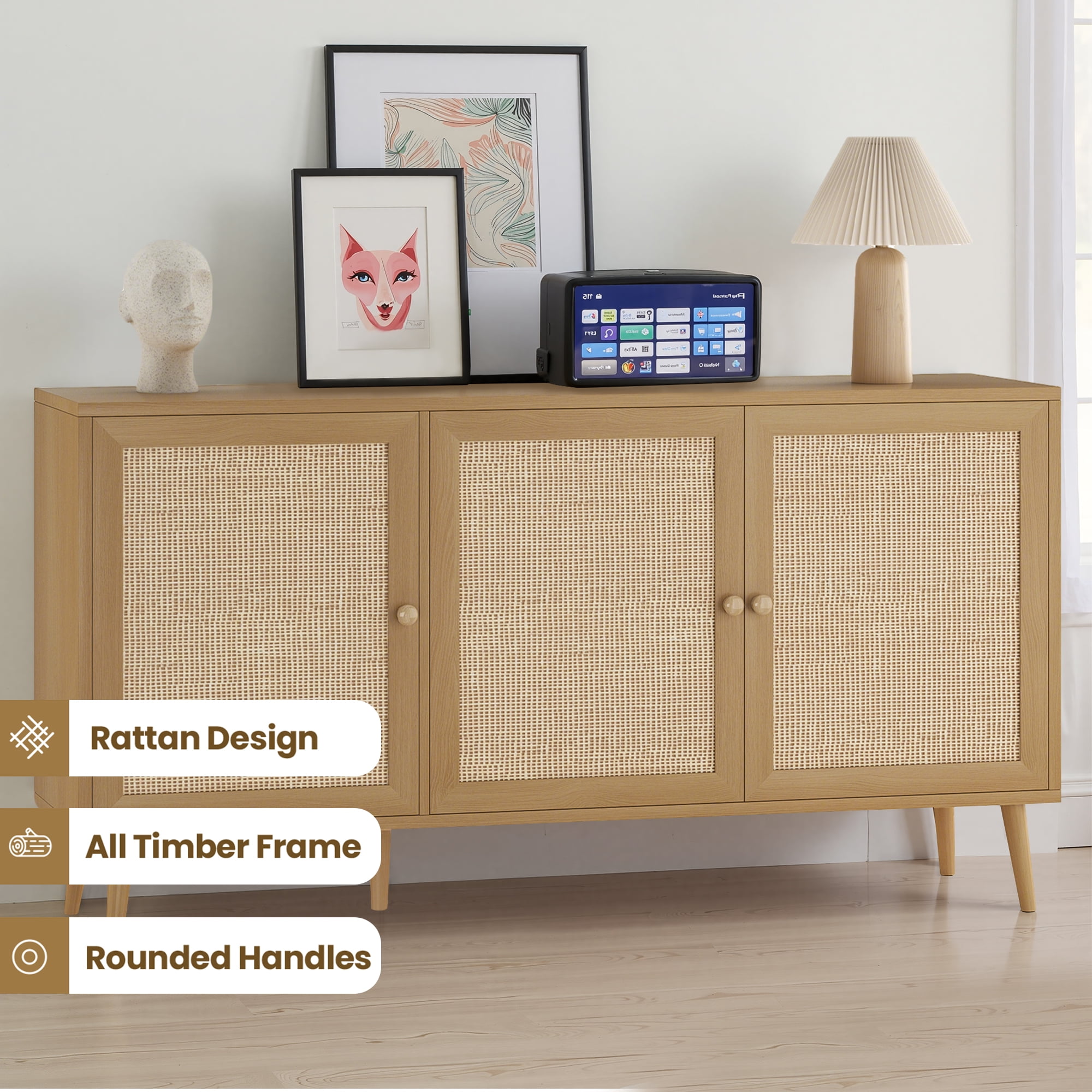 MAYEERTY Natural 59*15*31"Modern Sideboard Buffet Cabinet with 3 Rattan Doors for Living Room, Entryway