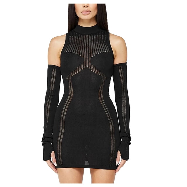 Mrat Robe Chandail Côtelée pour Femmes Robe Chandail Mini Couleur Unie Sans Manches avec Manches Longues Robe Chandail Ajourée Robe Chandail Côtelée pour Femmes P-85 Noir P