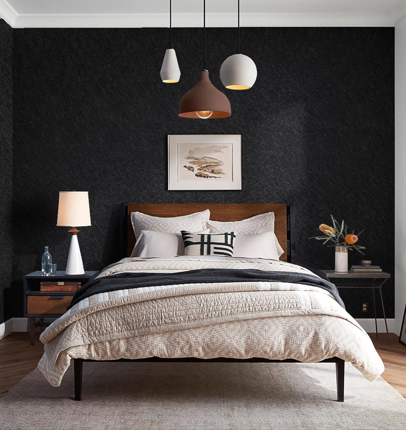 17.3 inch X 393 inch Peel and Stick Wallpaper Black Silk Textured Wallpaper Modern Solid Color Wall Paper Removable Contact Paper for Walls Vinyl Rolls