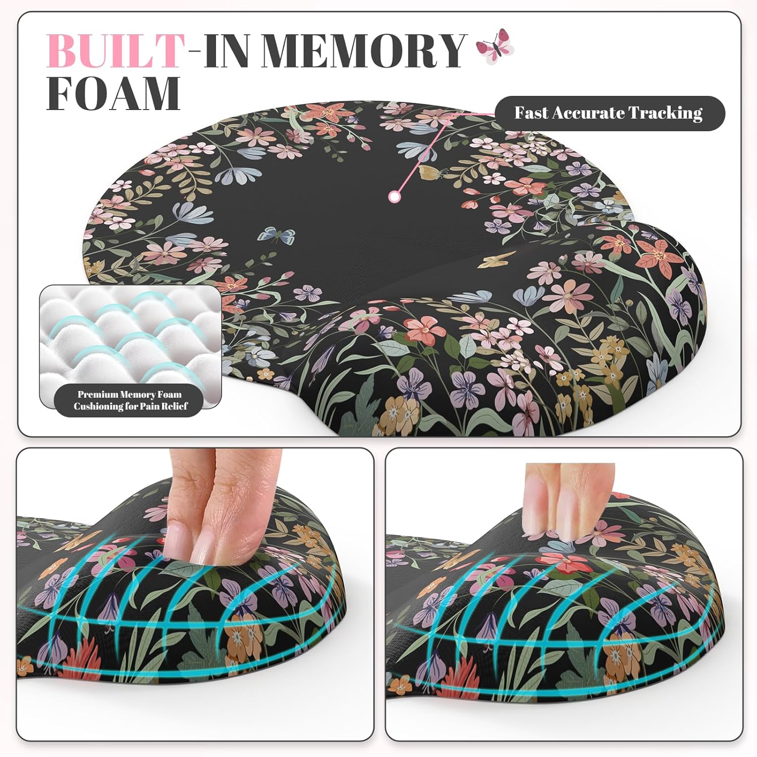 Desk Mat Set,Large Mouse Pad with Wrist Rest,Ergonomic Keyboard Wrist Support for Women,Girly Floral Computer Mat with Scalloped Edges,Non-Slip Desk Pad Home Office Gaming (Black)