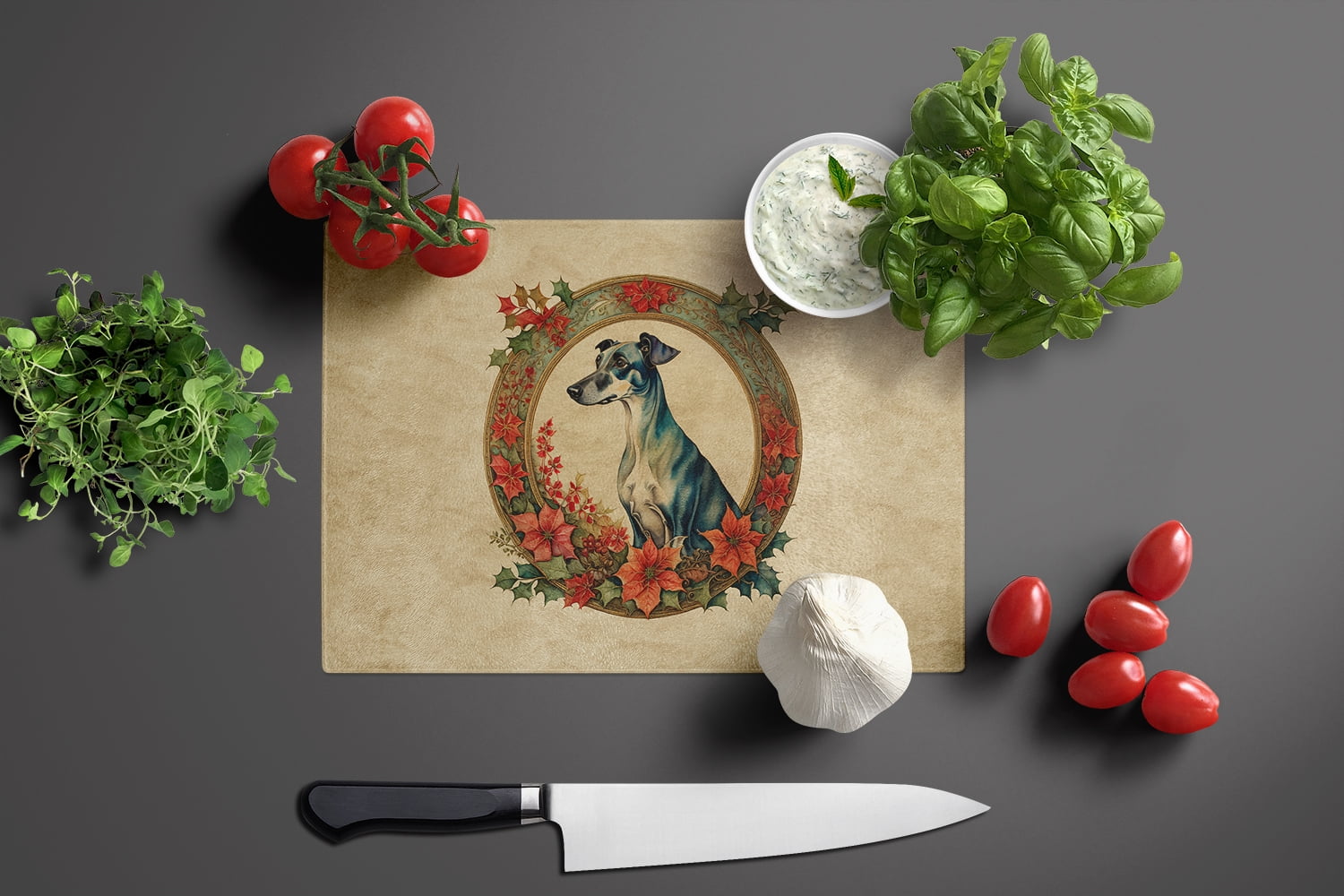 Greyhound Christmas Flowers Glass Cutting Board 12 in x 15 in