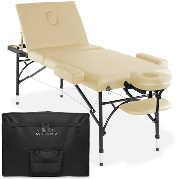 Saloniture Professional Portable Lightweight Tri-Fold Massage Table with Aluminum Legs - Includes Headrest, Face Cradle, Armrests and Carrying Case, Cream
