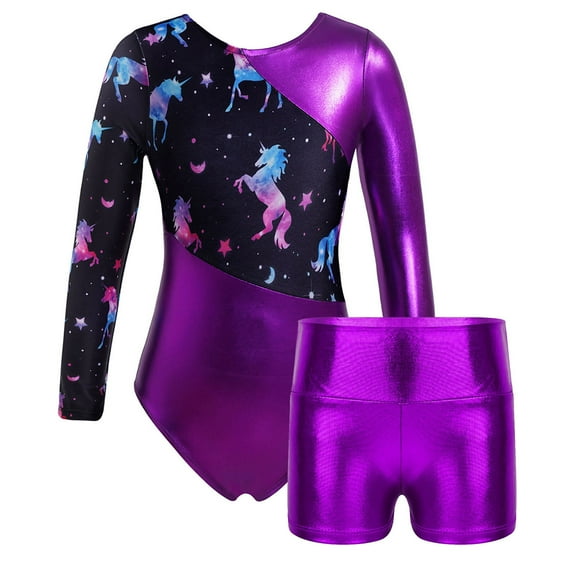 Alvivi Kids Girls Gymnastic Ballet Dance Performance Outfits Printed Leotard+Shorts Set