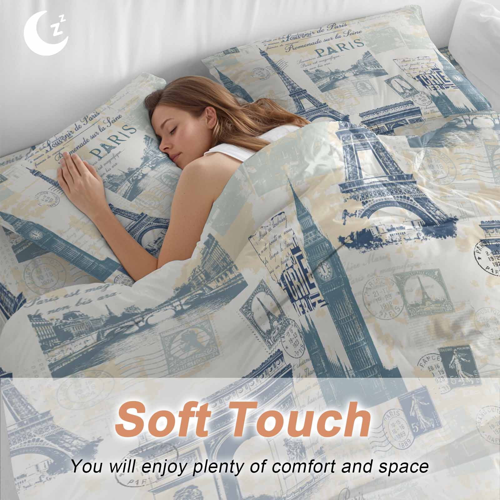 Vintage Art California King Duvet Cover Set, International Buildings Paris Towers Blue Grey 4 Piece Microfiber Bedding Set with Zipper Closure, Bed Sheet and 2 Pillow Shams, Soft Bedding Cover