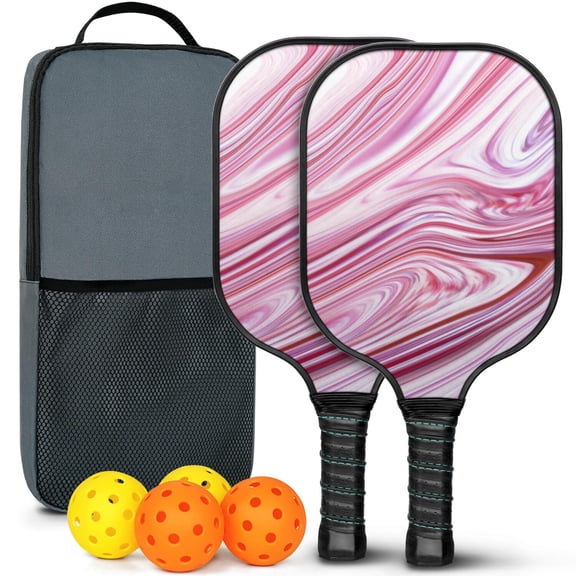 Pickleball Paddles Set Of 2, Fiberglass Surface, Liquid & Marble Print, 4 Balls & Bag