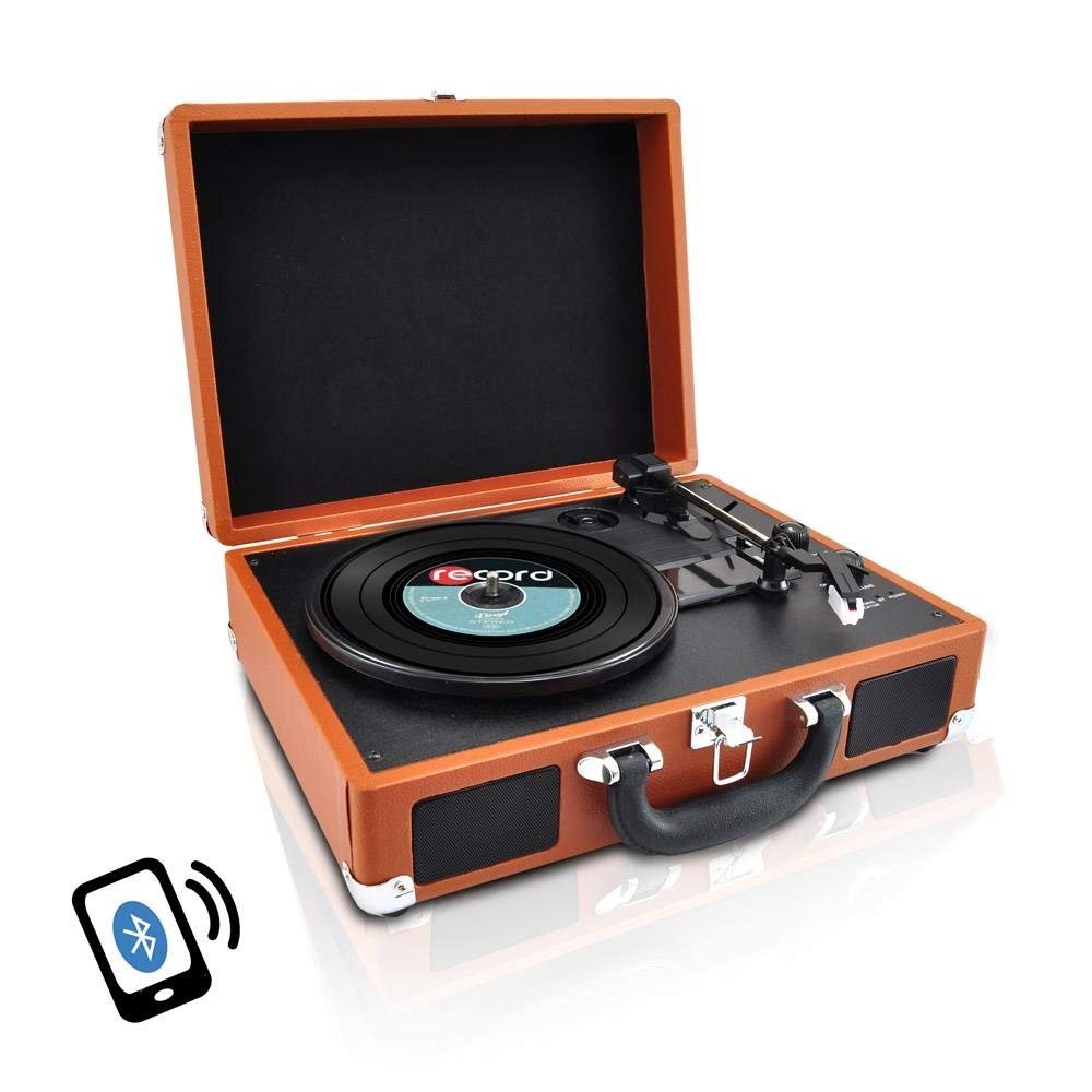 upgraded version pyle vintage record player, classic vinyl player, turntable, rechargeable batteries, bluetooth enabled devices, mp3 vinyl, music editing software included, works w/ mac & pc, 3 speed - image 1 of 7