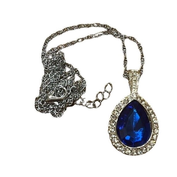 Beautiful Blue & White Crystal Pear Sterling Silver Chain Necklace 18" Costume