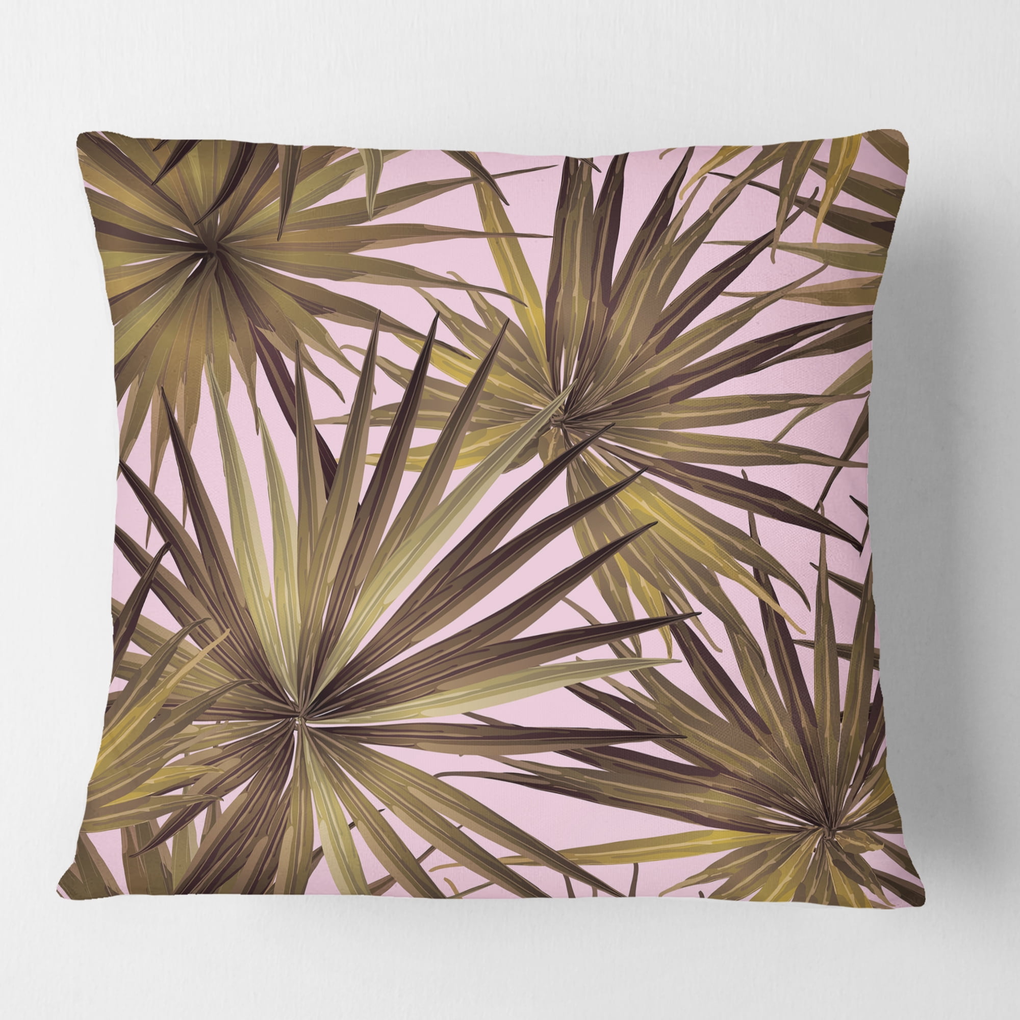 Designart Tropical Leaves On Pink' Mid-Century Modern Throw Pillow - 16x16