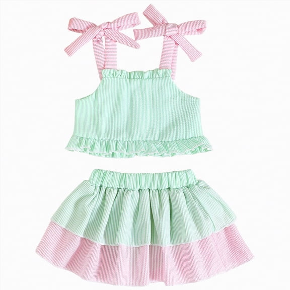 Sgkm Toddler Girl Summer Outfits Textured 2pcs Outfit Tie Top Ruffle Hem Skorts Set Beachwear