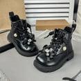 thumbnail image 3 of Girls Combat Boots Elegant Rhinestone Bowtie High Top Leather Ankle Booties Cute Floral Decor Winter Dress Boots 8.5 Toddler Black, 3 of 5