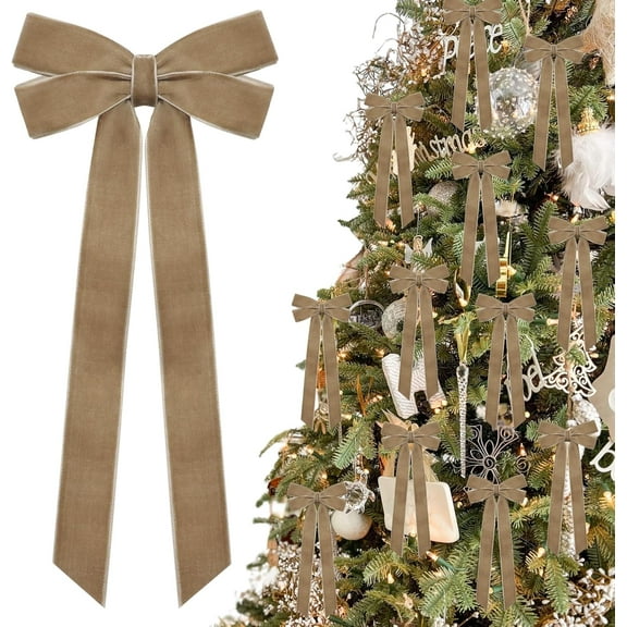 12Pcs Neutral Velvet Ribbon Bows Christmas Tree Decorations,5in x 10in Vintage Xmas Ornaments for Tree Home Party Front Door Wreath Garland Holiday Decor