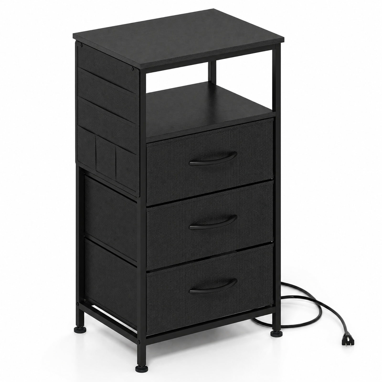 Furnibear Nightstand with Charging Station 27.5 inch Modern Bedside Table with 3 Fabric Drawers for Bedroom Living Room Bedside Sofa Side, Black