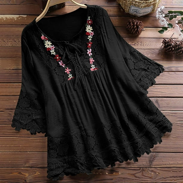 Women Summer Tops Clearance Lace Patchwork Bow V-Neck Three Quarter ...