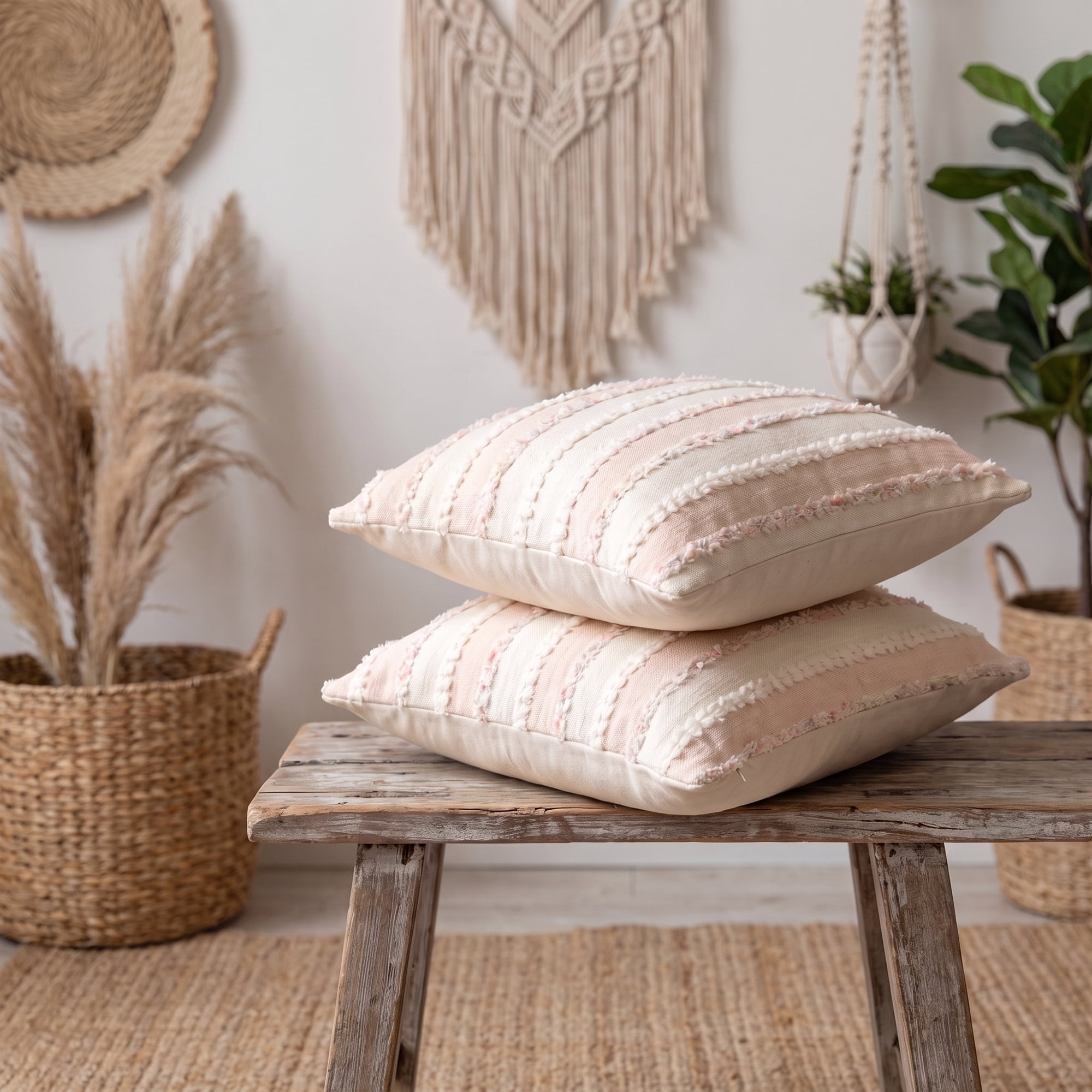 Unique Bargains 2Pcs Textured Frayed Striped Throw Pillow Covers Pink 18"x18"