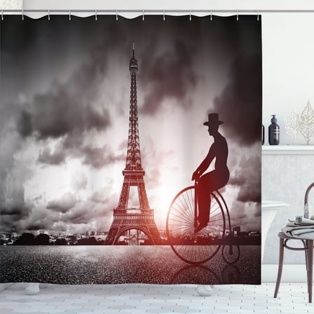 Ambesonne Eiffel Tower Shower Curtain, Man on Retro Bicycle, 69"Wx70"L, Grey Pink Black