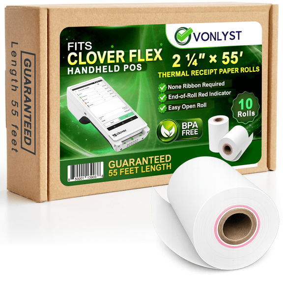 Clover Flex Paper Rolls 2 1/4" x 55’ Thermal Receipt Paper – 10 Rolls Pack - BPA Free POS Printer & Credit Card Machine Compatible C400 C401 C403 C405 C406 – by Vonlyst