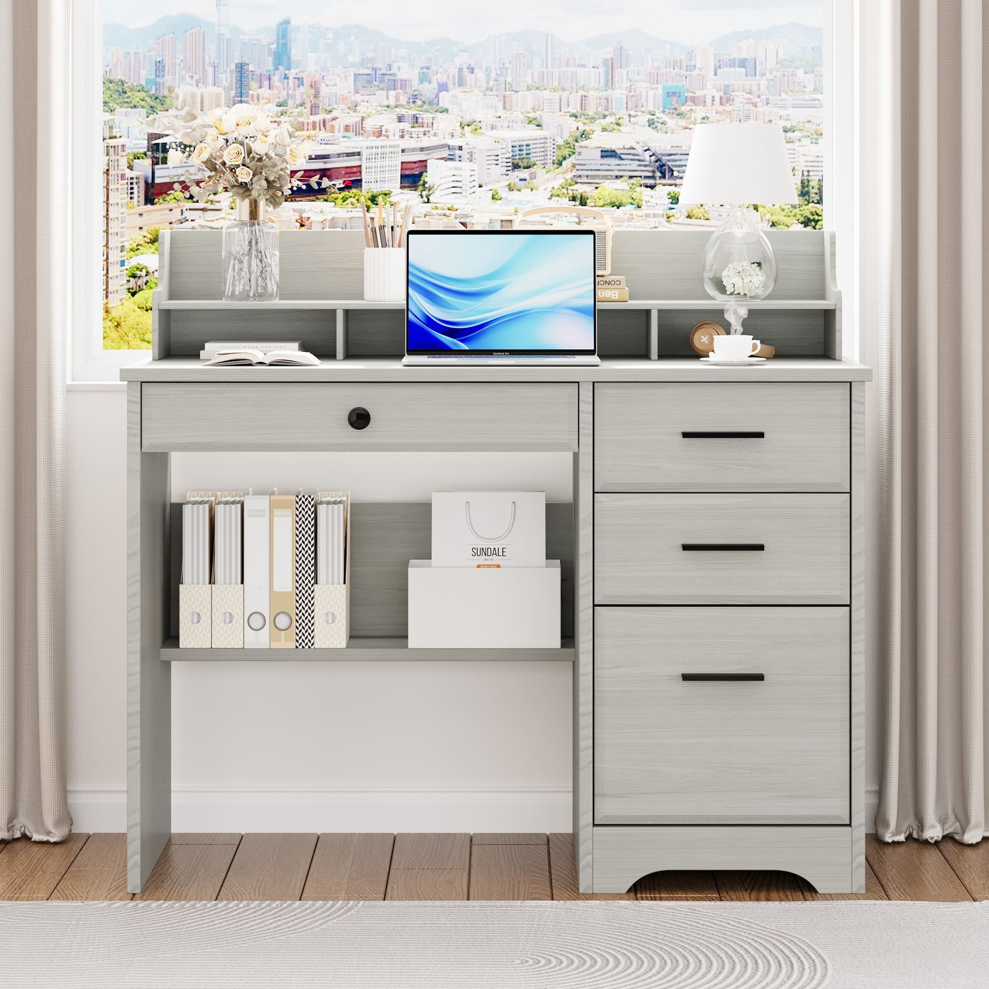 4 EVER WINNER Small Wood Desk with Drawers, File Cabinet & Monitor Stand, Home Office Computer Writing Desk for Bedroom, Off White