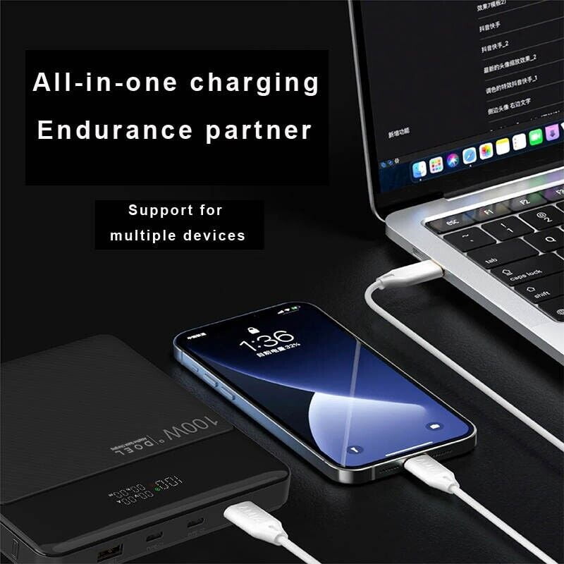 DOEL Power Bank,100W 20000Mah Portable Charger with PD Fast Charging 4-Output and digital display,Carbon Series Laptop Battery Pack for Macbook, iphone,ipad,Samsung,Steam Deck (Black)