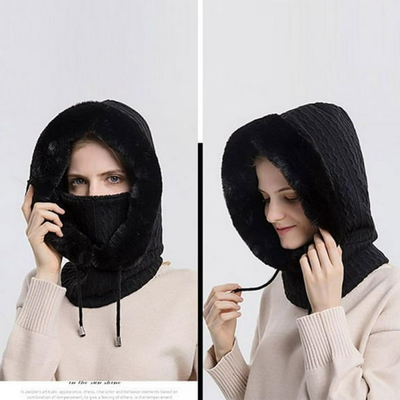 Winter Women 3in1 Knitted Ski Hat With Scarf Neck Warmer Fleece Lined Hood Face Mask Adult Balaclava For Outdoor Sports