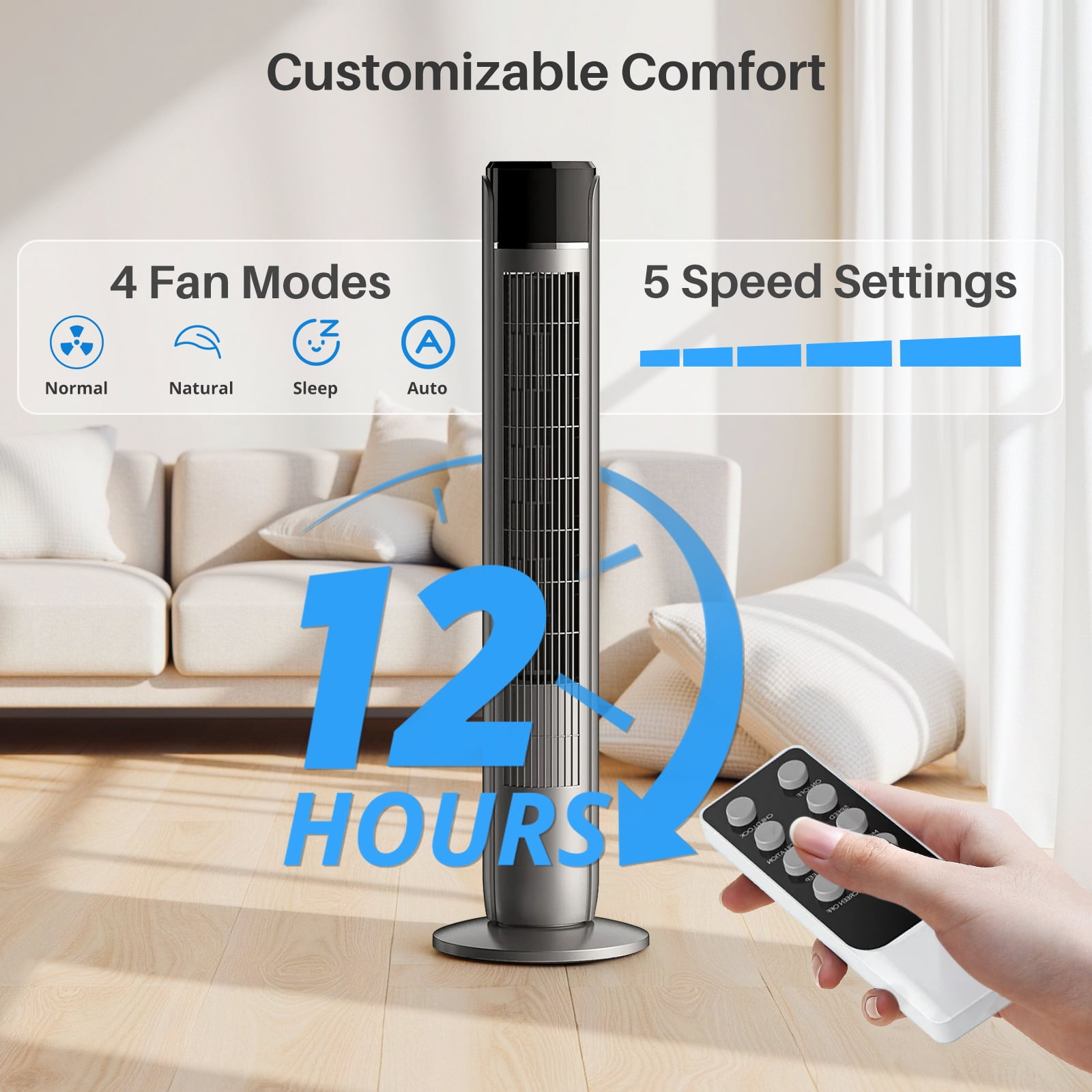 Tower Fan for Home, 36" Standing Floor Fan with Remote, Bladeless Fan Cold Air Quiet, 5 Speeds, 4 Modes, LED Display, Gray