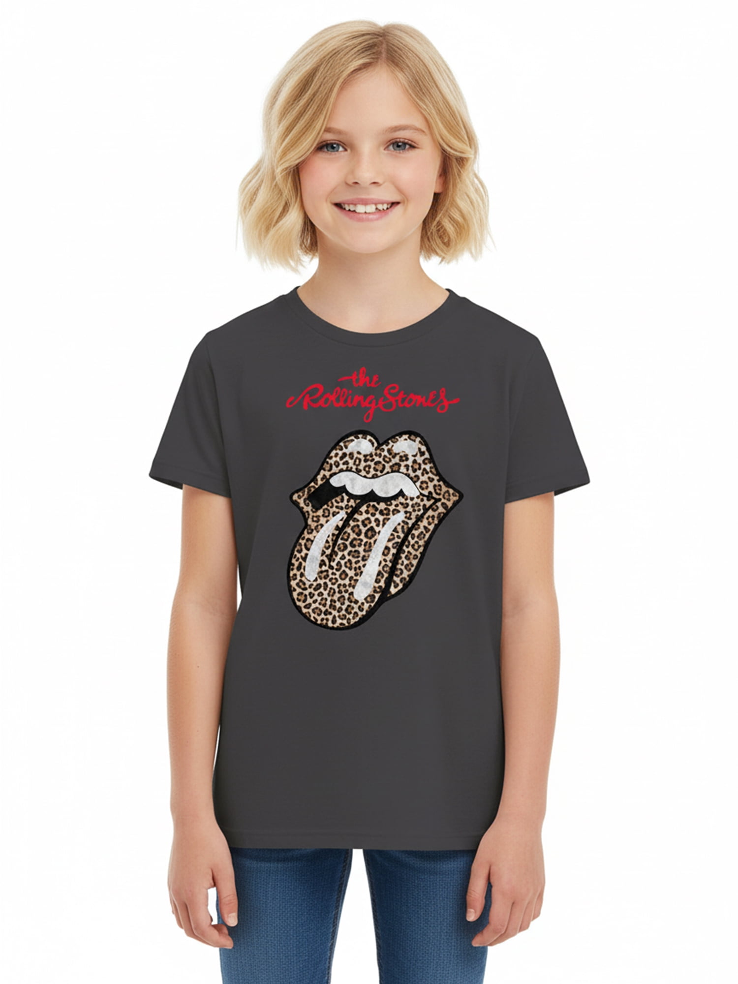 Wonder Nation Girls Rolling Stones Animal Print Graphic Tee with Short Sleeves, Sizes 4-18