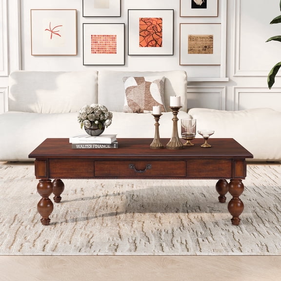 FFZ Rectangular Coffee Table with Storage Drawer and Gourd-Shaped Legs, 47 x 26.8 x 16 inch, Walnut