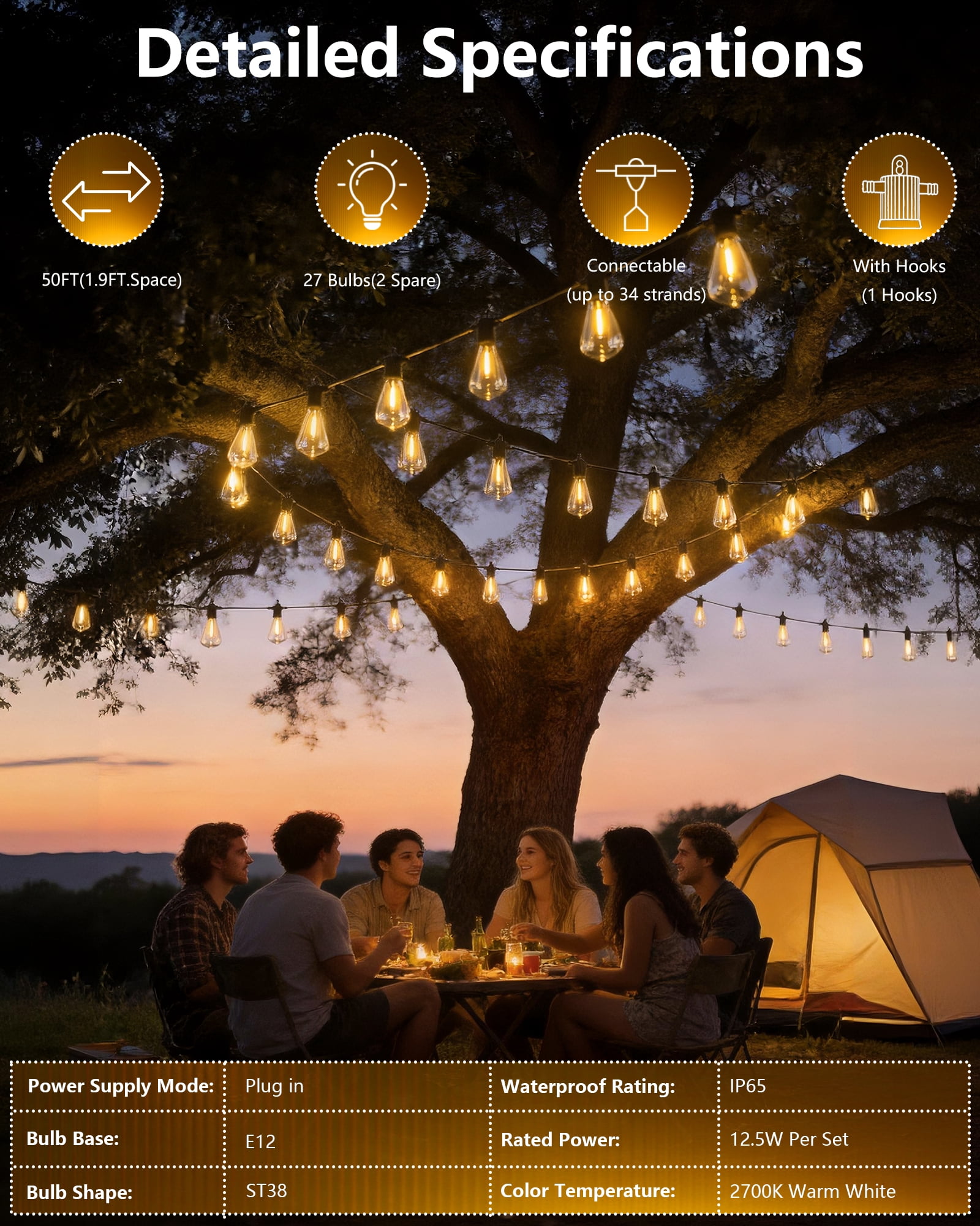BeatiNeon 50ft ST38 Outdoor String Lights, 25 Bulb Shatterproof Patio Lights with IP65 Waterproof, Connectable Up to 34 Sets, 2700K Warm White for Porch, Yard, ETL Listed