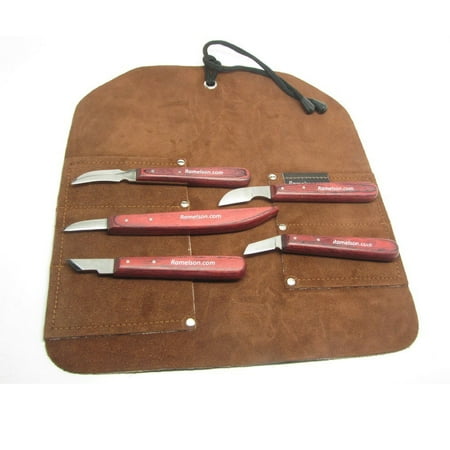 Pocket Pc Leather - 5 pc Chip Set - Wood Carving Knives and 5 pocket Leather Tool Roll - Woodcarving, Whittling, Decoy, DIY Crafts