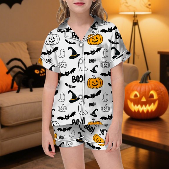 Outfit Sets for Girls Halloween Elements Graphic Print Short Sleeve Shirt Shorts 2 Piece Outfits Size 2-3Y