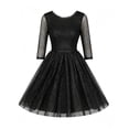 thumbnail image 6 of Karymi Easter Dress Glitter Mesh Cocktail Party Dress, Round Neck 3/4 Sheer Sleeve High Waist A-Line Knee Length Dress, Sparkly Tulle Evening Dress Summer Dress, 6 of 7