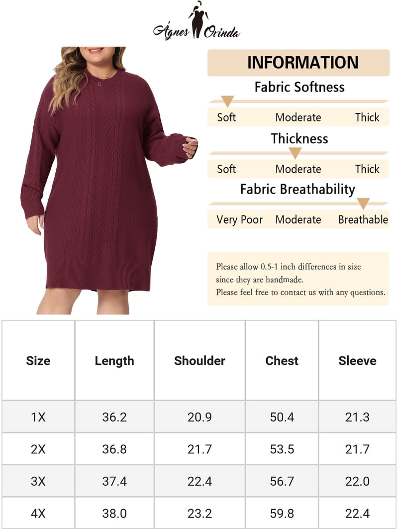 Agnes Orinda Women's Plus Size Sweater Dress Long Sleeve Knit Pullover  Short Dresses 4X Khaki